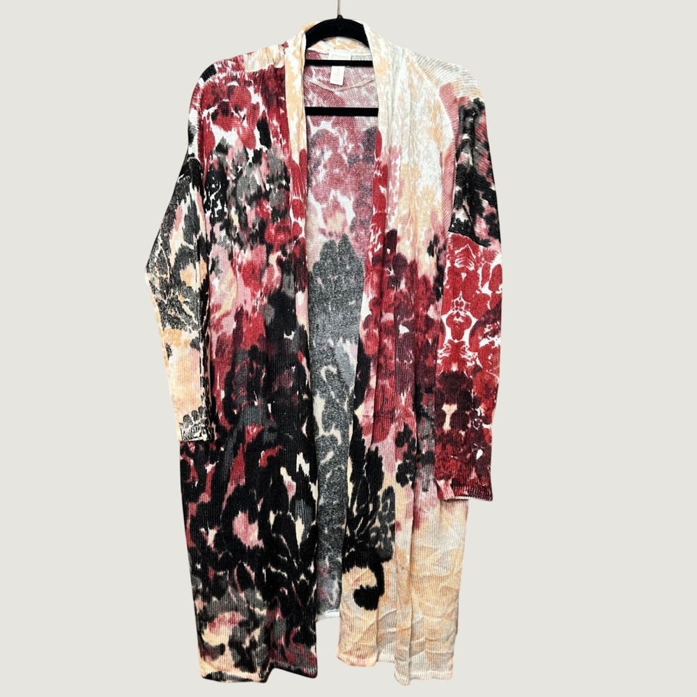 Chico's Red Black Abstract Floral Longline Open Front Cardigan Sweater Size 3